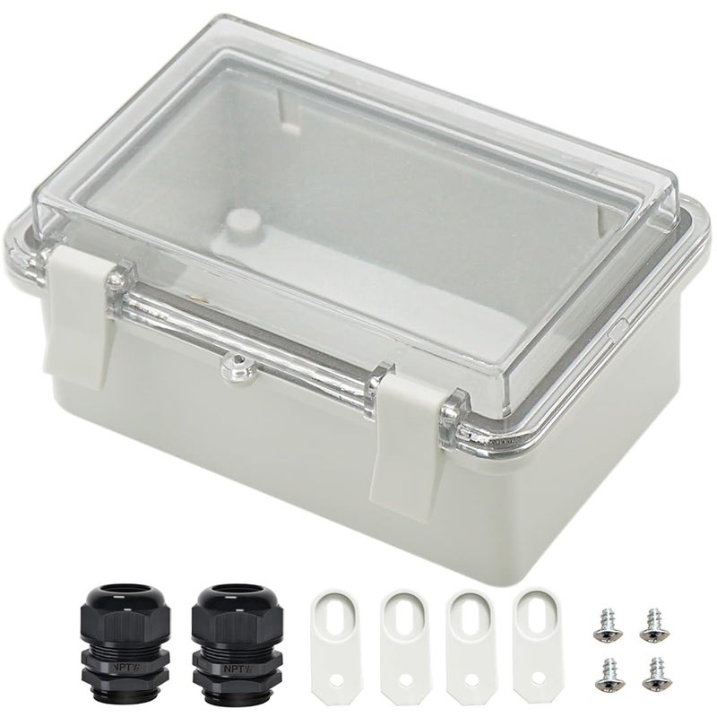 Zulkit Junction Box ABS Plastic Dustproof Waterproof IP65 Electrical Boxes Hinged Shell Outdoor Universal Project Enclosure Clear Cover with 2 Cable Glands 5.9 x 3.9 x 2.8 inch (150x100x70 mm) - Image 1